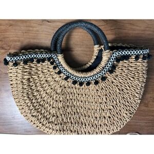 Woven Straw Half Moon Tote Bag Black Pom Pom Trim Drawstring Closure Natural